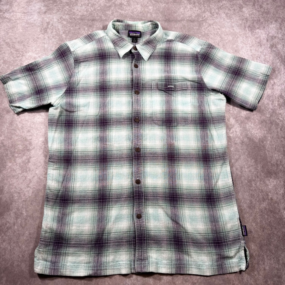 Patagonia Mens Large Plaid Short Sleeve Organic Cotton Button Down Shirt Green - Picture 2 of 8